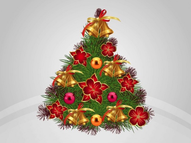 shiny christmas tree with ornaments golden balls flowers