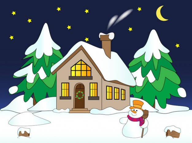 Snowman house Art with snow about moon night Landscape sketch