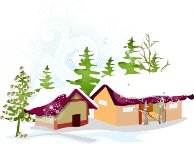 snowy houses and green pines at background