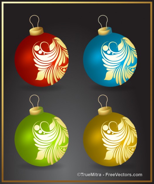 various colored christmas balls with floral decorative design