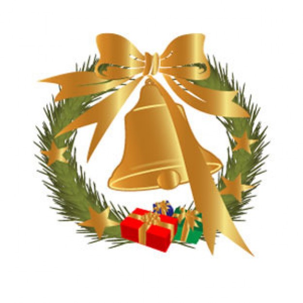 xmas ribbon bell image with pine leaf circle and gift box