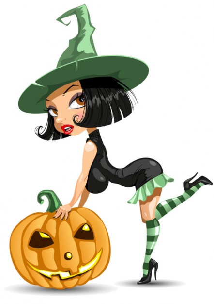 pretty witch modeling next to a halloween pumpkin