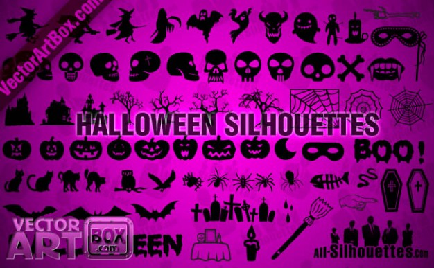 a group of halloween silhouettes including skulls bat witch etc