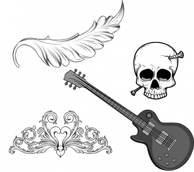 Art music Guitar and skull vectors about feather