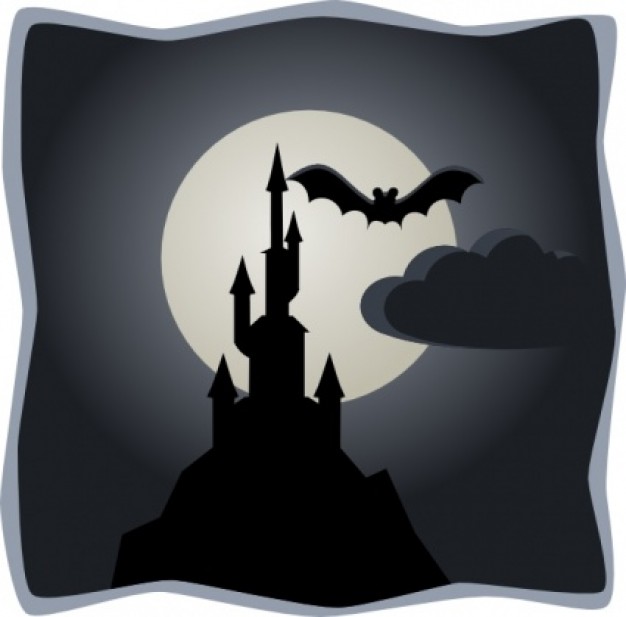 bat flying over spooky castle in full moon clip art