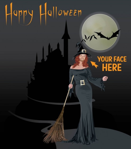 beautiful witch halloween with grey night moon background