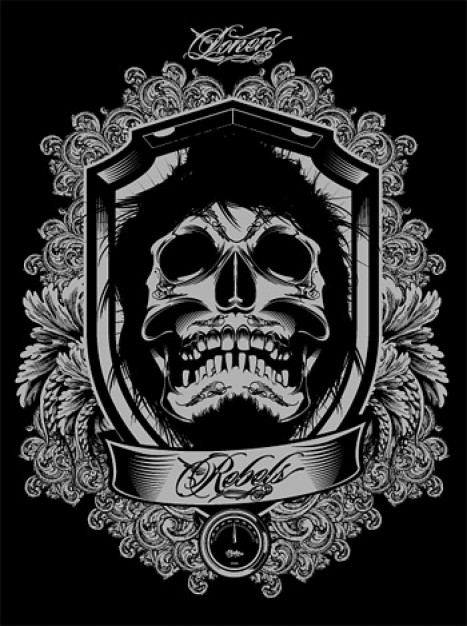 black and white skull with ornaments and dark background