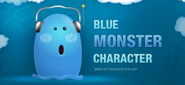Cartoon blue Monster character with headphones about blue style art