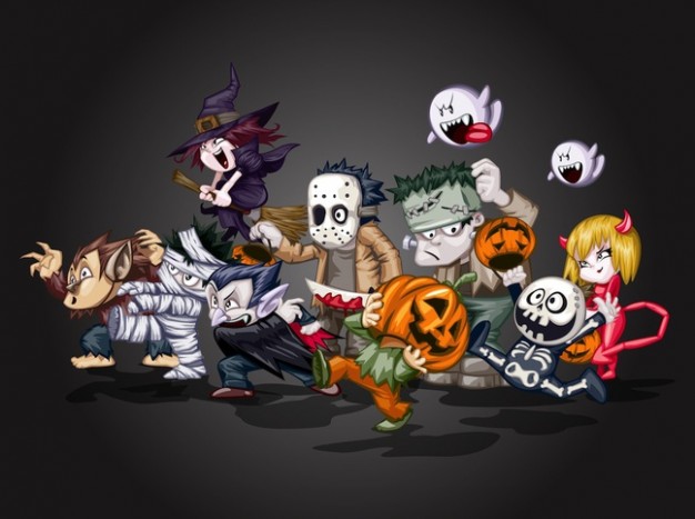 cartoon devil halloween characters with monster pumpkin bird