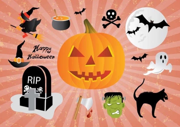 cartoons halloween elements with pumpkin bat moon bat cat etc