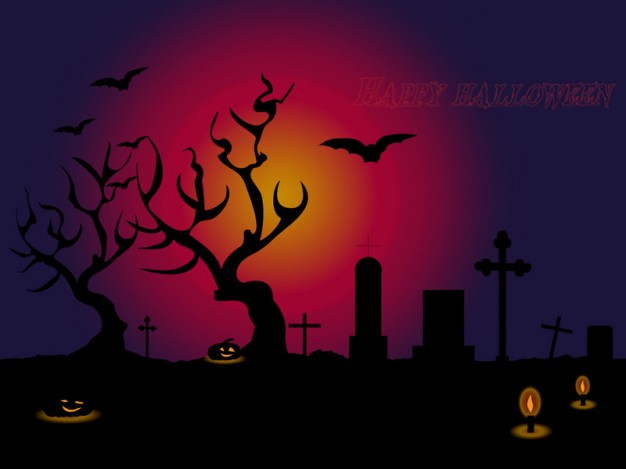 cemetery with dead tree pumpkin cross orange moon background