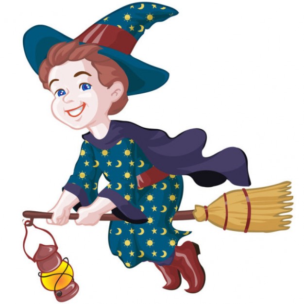 colorful witch flying on a broom with blue dress