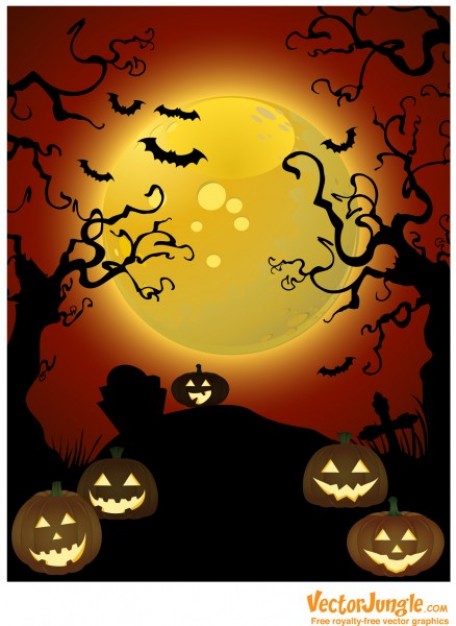 creepy trees and pumpkins with orange moon night background