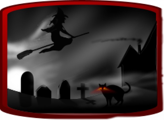 dark spooky landscape with flying witch and cat over tomb background