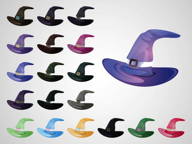 Fairy tale colorful J. R. R. Tolkien witch different color hats icons about Literature Magic