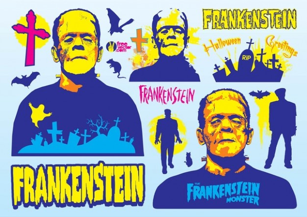 Frankenstein Mary Shelley characters with blue background about Victor Frankenstein's monster