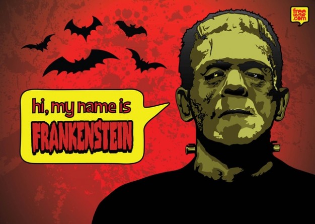 Frankenstein Mary Shelley halloween with bats red background about Victor Frankenstein's monster