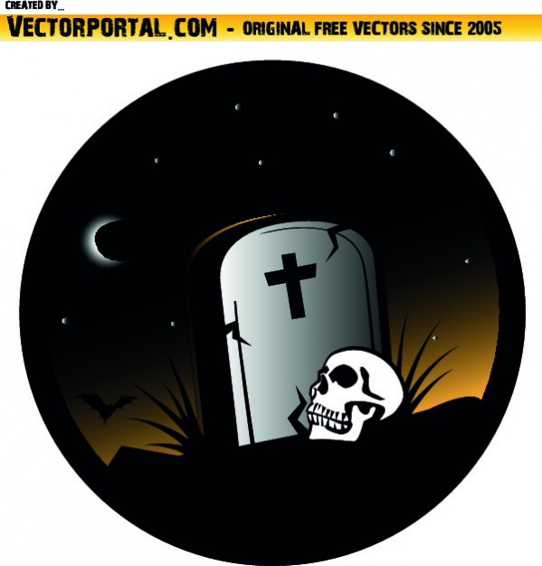 grave and skull in halloween circle with moon star skull cross