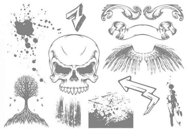 Grunge skull Seattle amp wings grunge pack about halloween elements ribbon skull