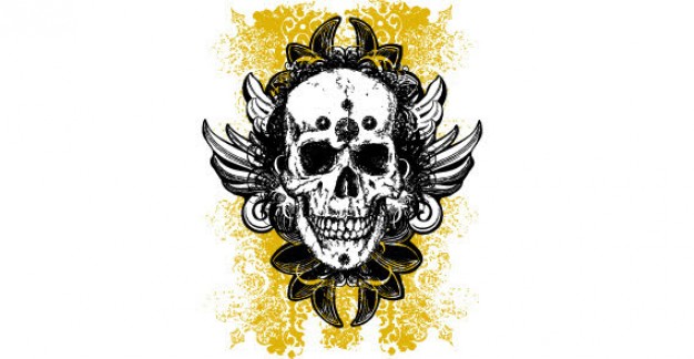 grunge skulls with wings yellow floral background