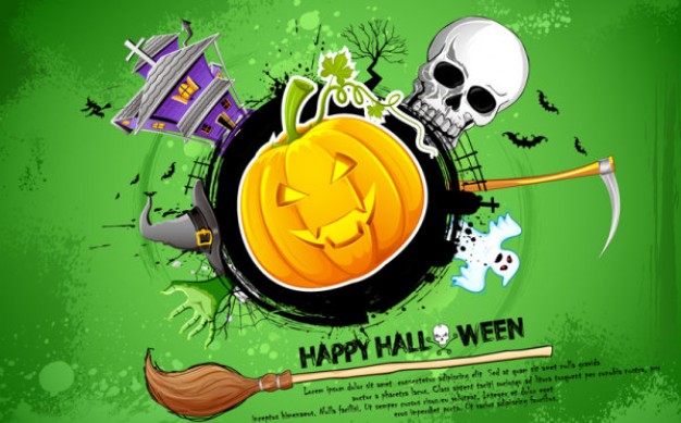 halloween banner card design with house skull green background