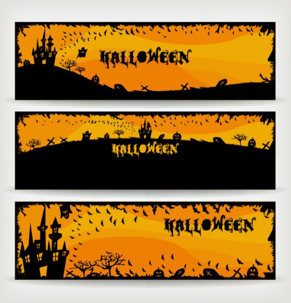 halloween banners background set with orange sky background