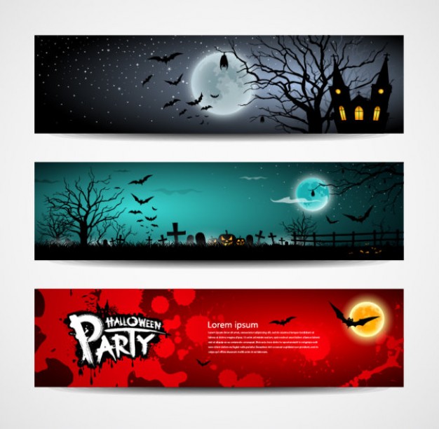 halloween banners design set with different color night moon background