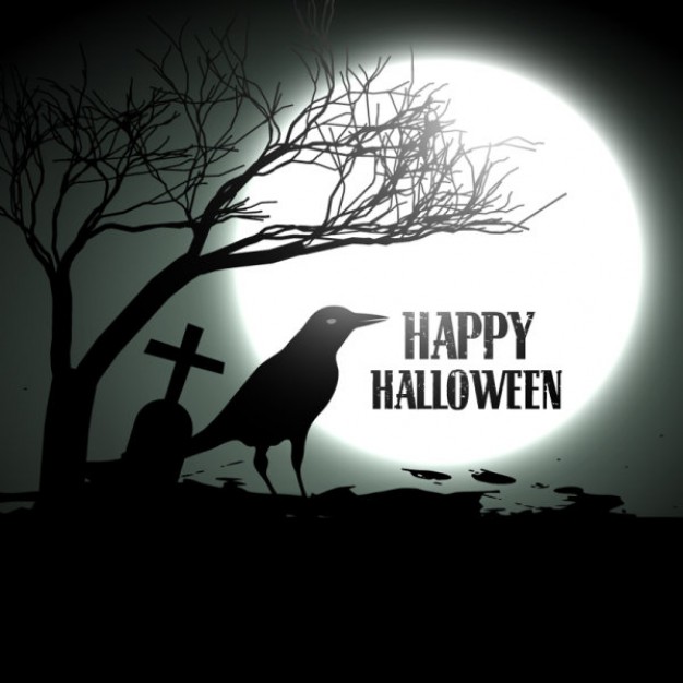 halloween card design with moon crow cross night background
