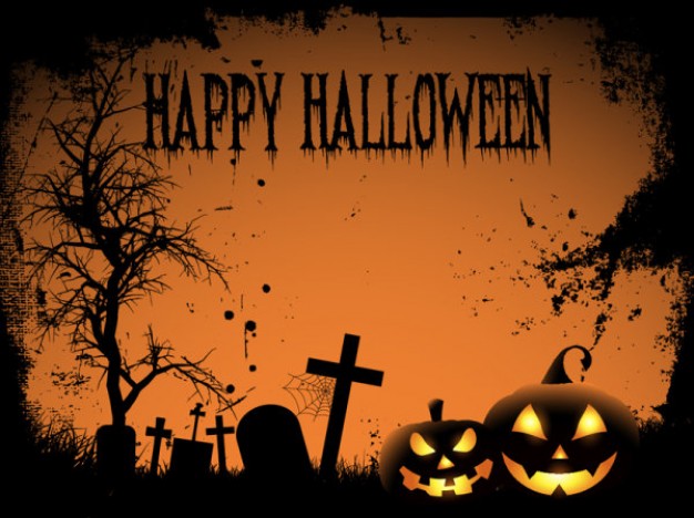halloween card with graveyard orange sky background
