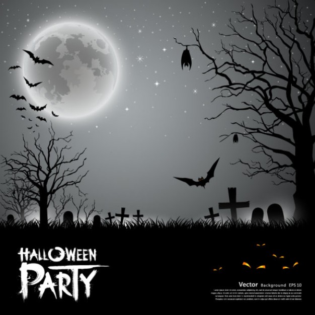 halloween card with grey graveyard bats night background