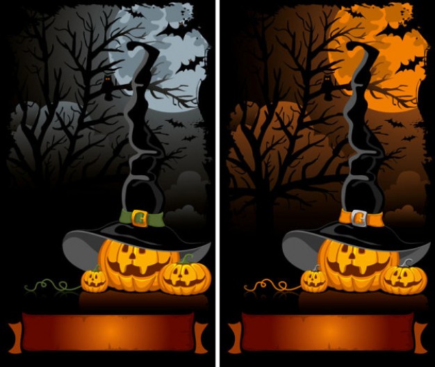 halloween cartoon background with tree pumpkin moon hat