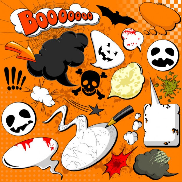 halloween cartoon elements like pumpkin skull ghost bat with orange background