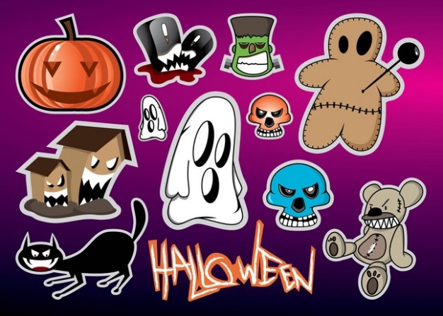 halloween cartoon monsters like pumpkin ghost with purple background