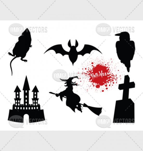 halloween design elements like bat cross witch castle with white background