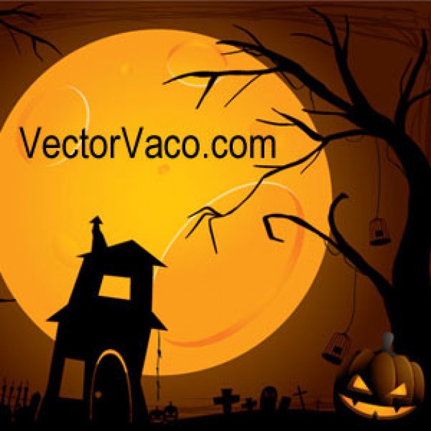 halloween elements like pumpkin corn with orange moon night background