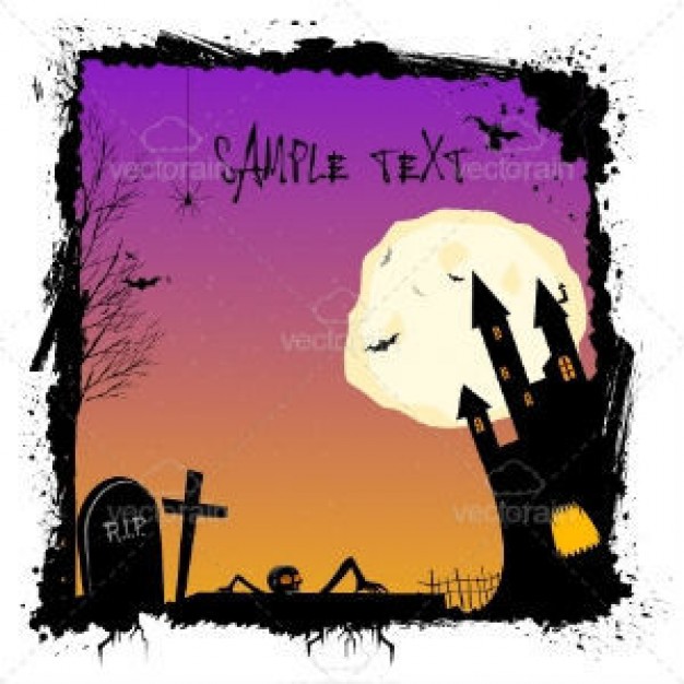 halloween ghost castle cemetery illustration with purple and orange night light background