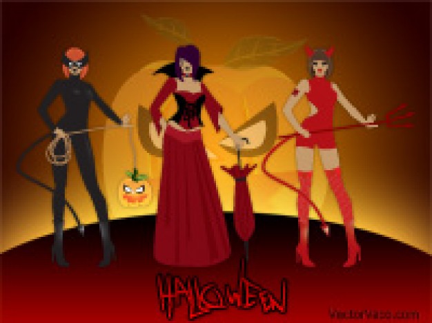 halloween girls with orange pumpkin face background