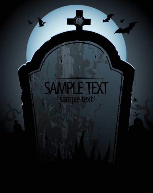 halloween grave tombstone card with blue moon and bats