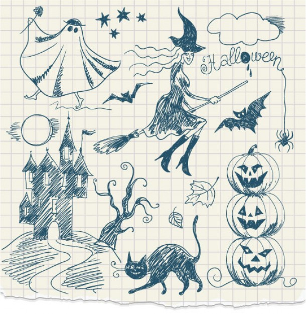 halloween hand drawn with witch and ghost castle