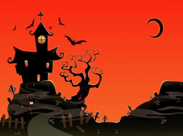 Halloween haunted holiday house art with sunset background about Haunted Attractions Moon