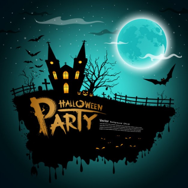 halloween house party cartoon with water blue moon castle bats background