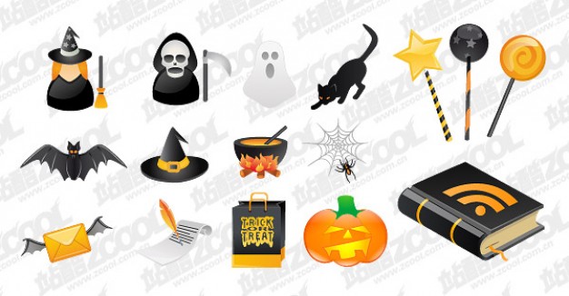 halloween icon material with bat witch ghost cat pumpkin etc