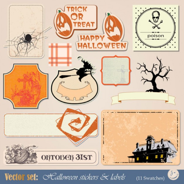 halloween label with pumpkin tree castle spider background