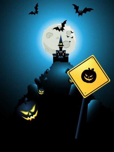 halloween night card design with blue light moon background