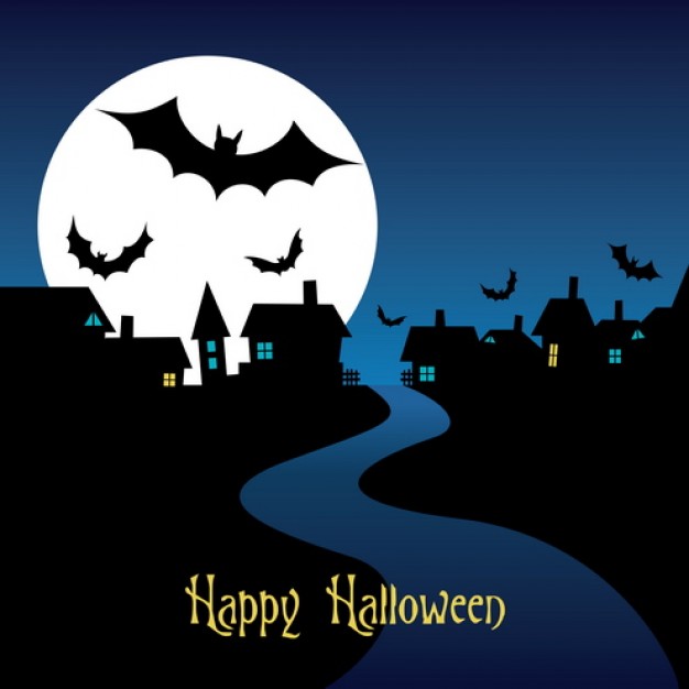 halloween night card  with blue sky and moon castle background