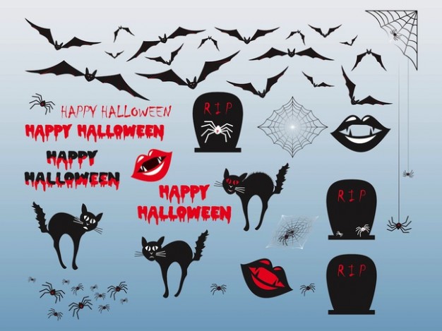 halloween objects and characters like cat bat ghost with light blue background