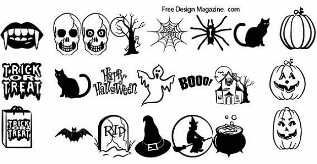 halloween objects with pumpkin skull spider cat witch in simple style