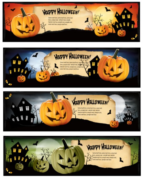 halloween pumpkin banners set with castle night sky background