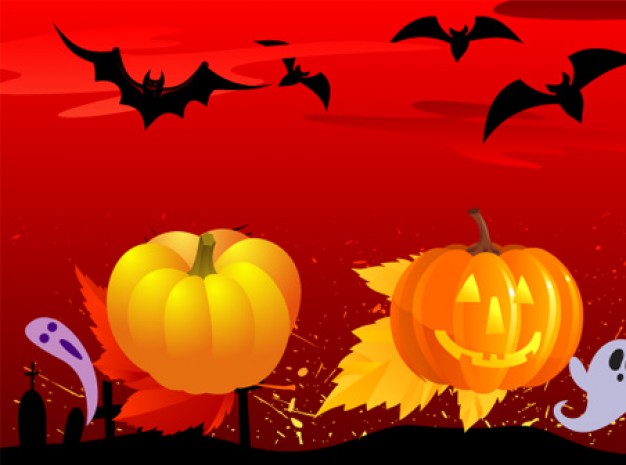halloween pumpkin ghost leaf bat with red sky background