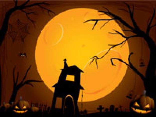 halloween silhouettes at moon night with pumpkin lamp and tree